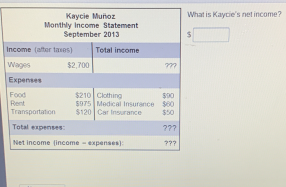 Kaycie Muñoz What is Kaycie's net income? Monthly Income Statement September 2013 $ square